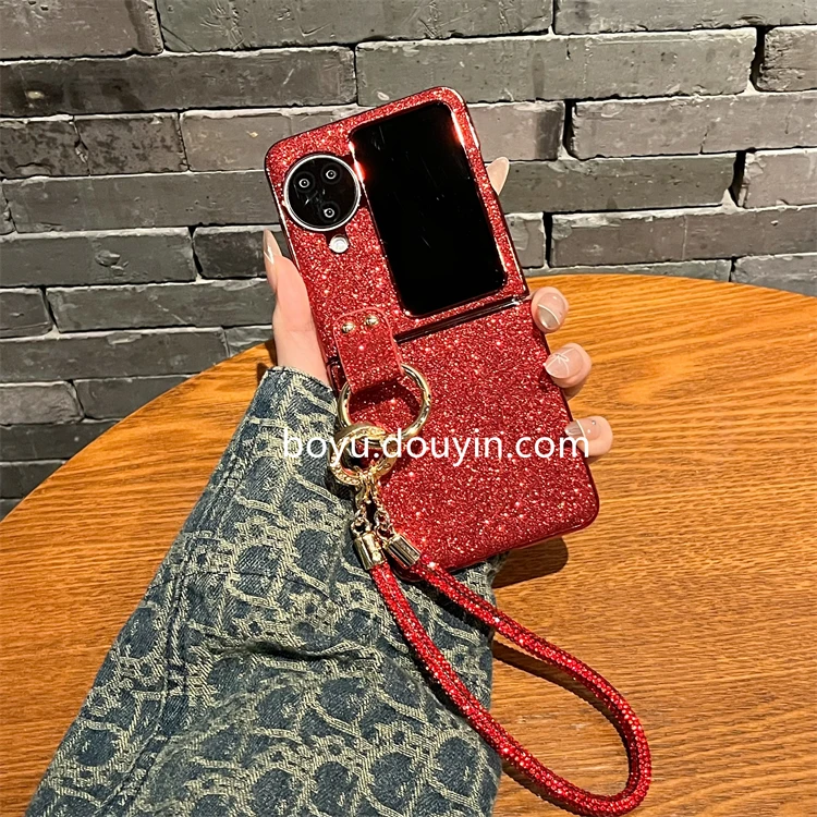 适用oppofindn3flip手机壳n3flip新年红色磨砂闪粉指环链条保护壳