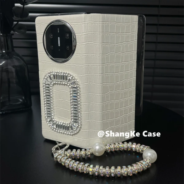 适用华为matex5手机壳x5折叠屏高档素皮鳄鱼纹翻盖皮套水钻链条女