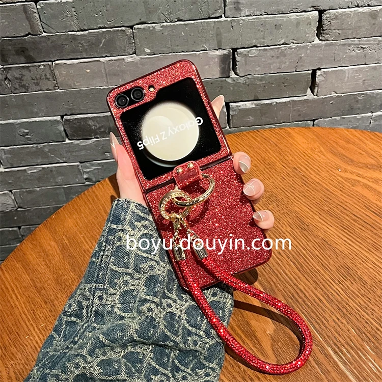 适用三星zflip5手机壳W24flip折叠屏新年红色闪粉指环手链保护壳