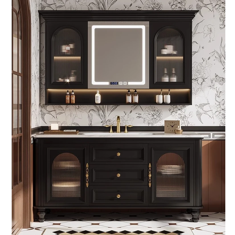 橡木落地法式复古浴室柜组合卫生间洗漱台洗手盆柜卫浴柜奢石定制