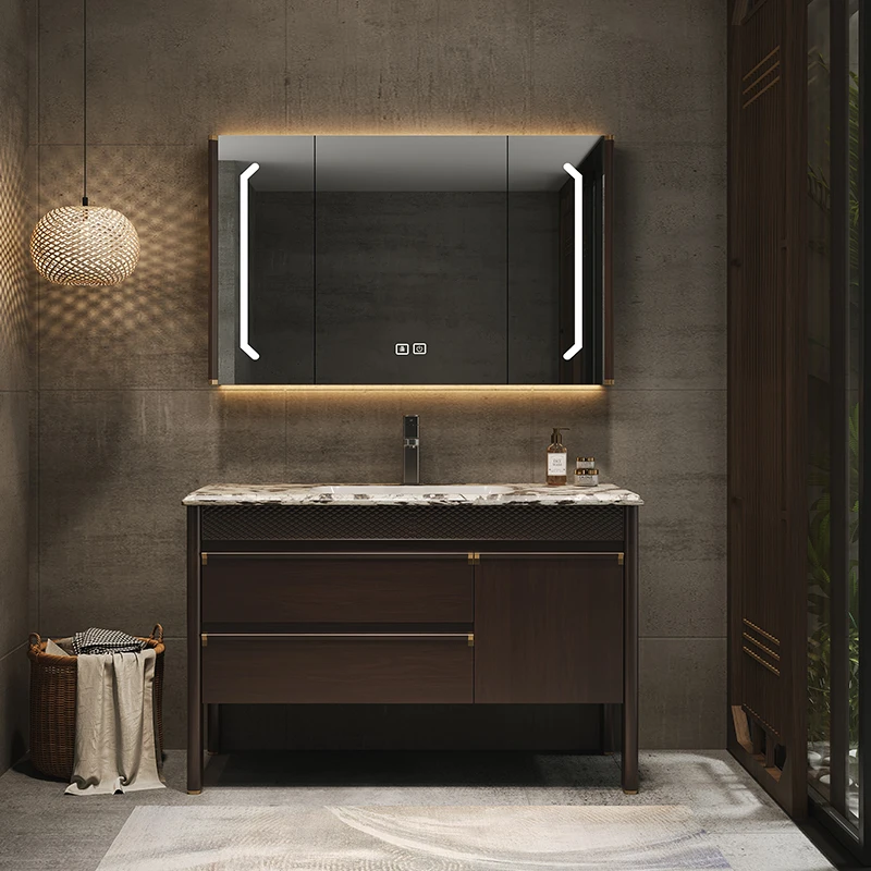 落地式乌金木无缝盆新中式浴室柜陶瓷一体盆台面洗手洗手台柜组合