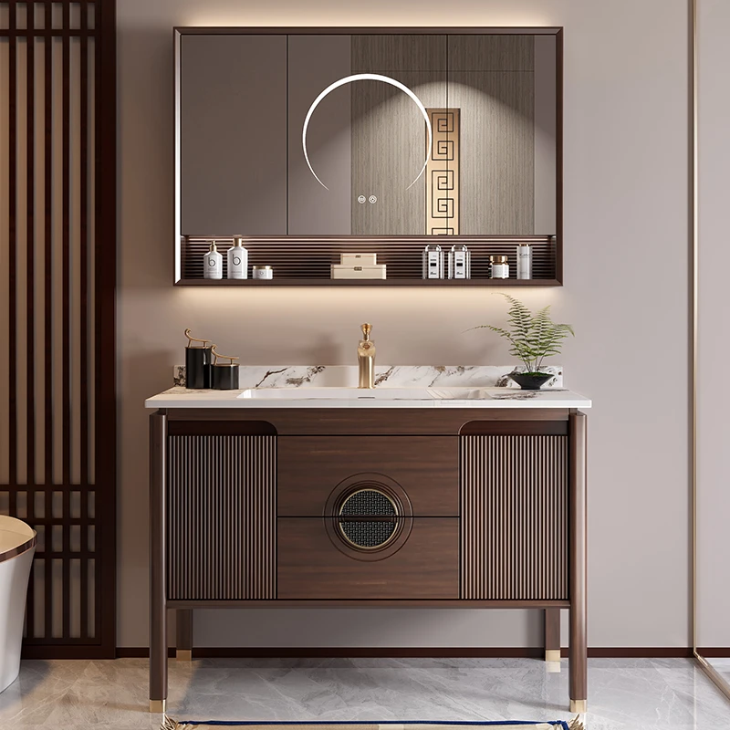 新中式橡木落地复古浴室柜组合卫生间洗漱台洗手盆柜卫浴柜奢石