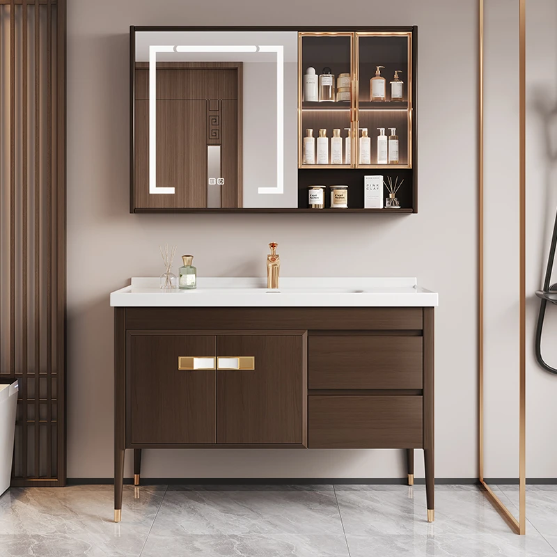 新中式宋氏美学落地式乌金木奢石浴室柜一体陶瓷盆洗手洗手柜组合