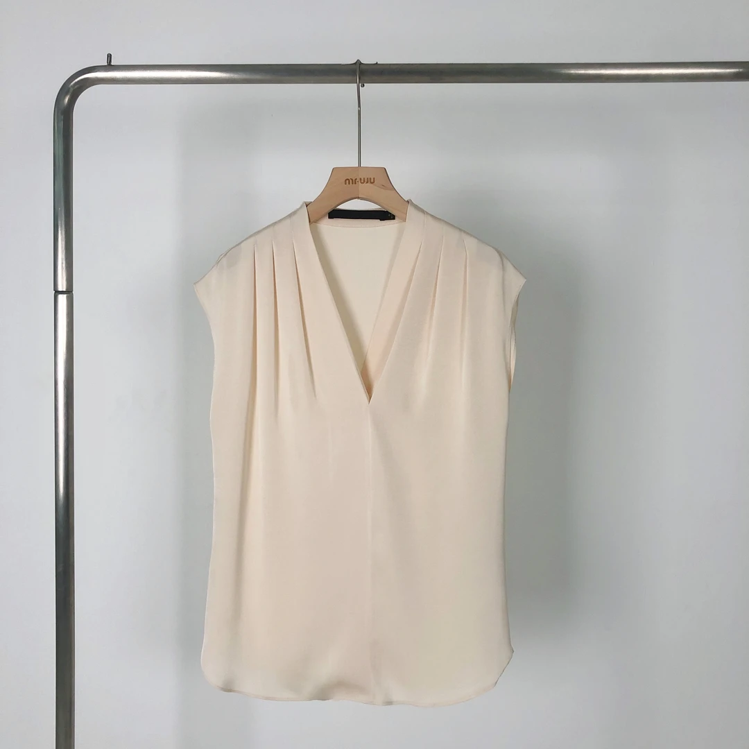 莳屿实业 AD220522气质V领时尚纯色简约褶皱无袖衬衫