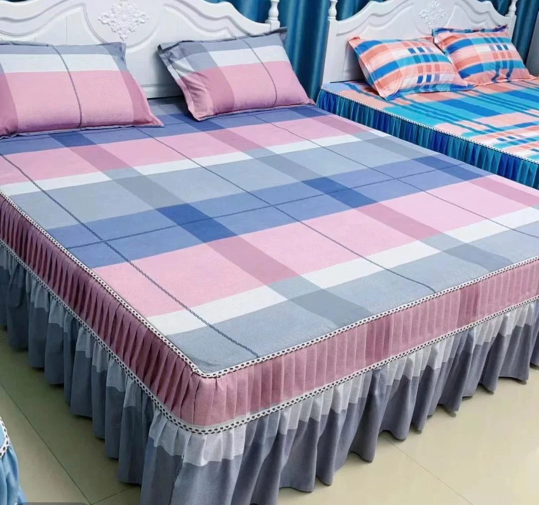 灰粉大方格 磨毛加厚床罩