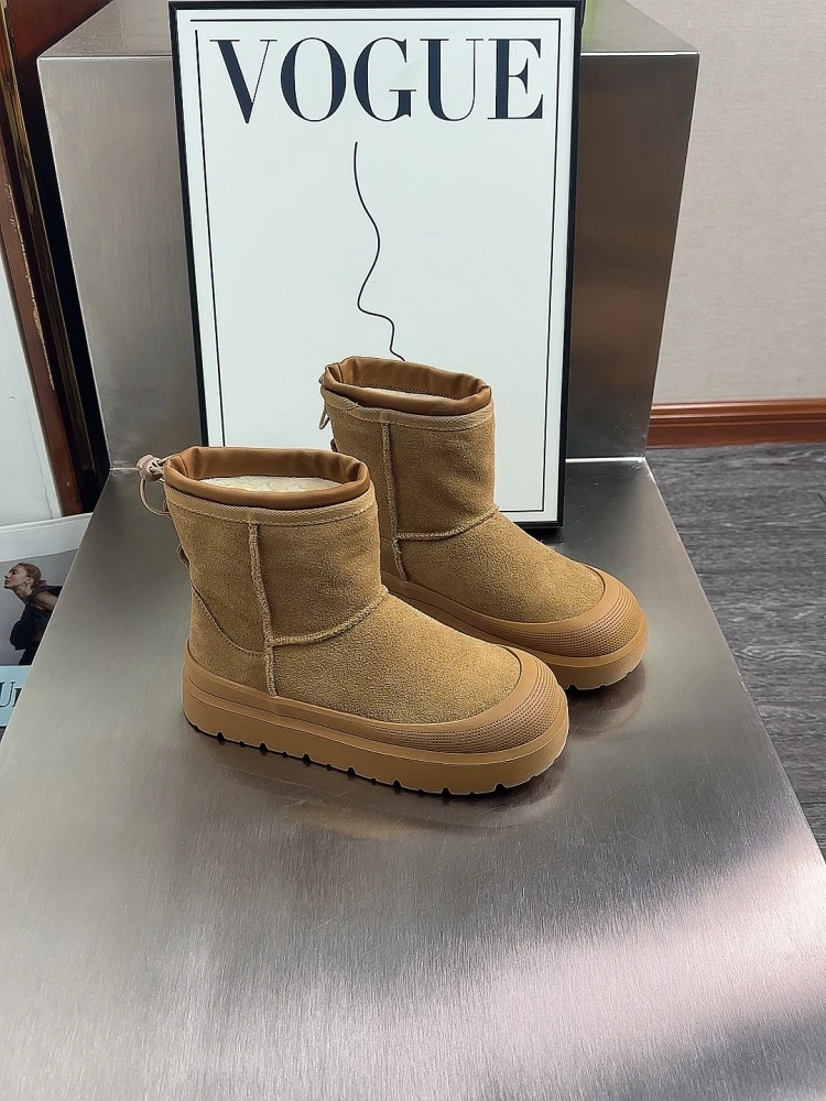 秋冬雪地靴4.5cm休闲牛反皮百搭厚底保暖小火炉雪地靴冬季加绒