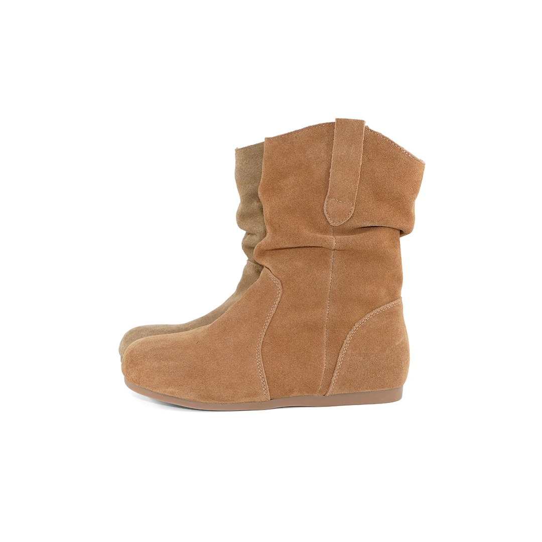 A43杜米亚新款复古圆头磨砂褶皱宽口套筒西部短靴D765612-2