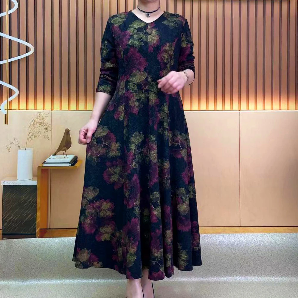 时尚长款裙子气质女装大摆裙宽松显瘦妈妈装长袖连衣裙大码