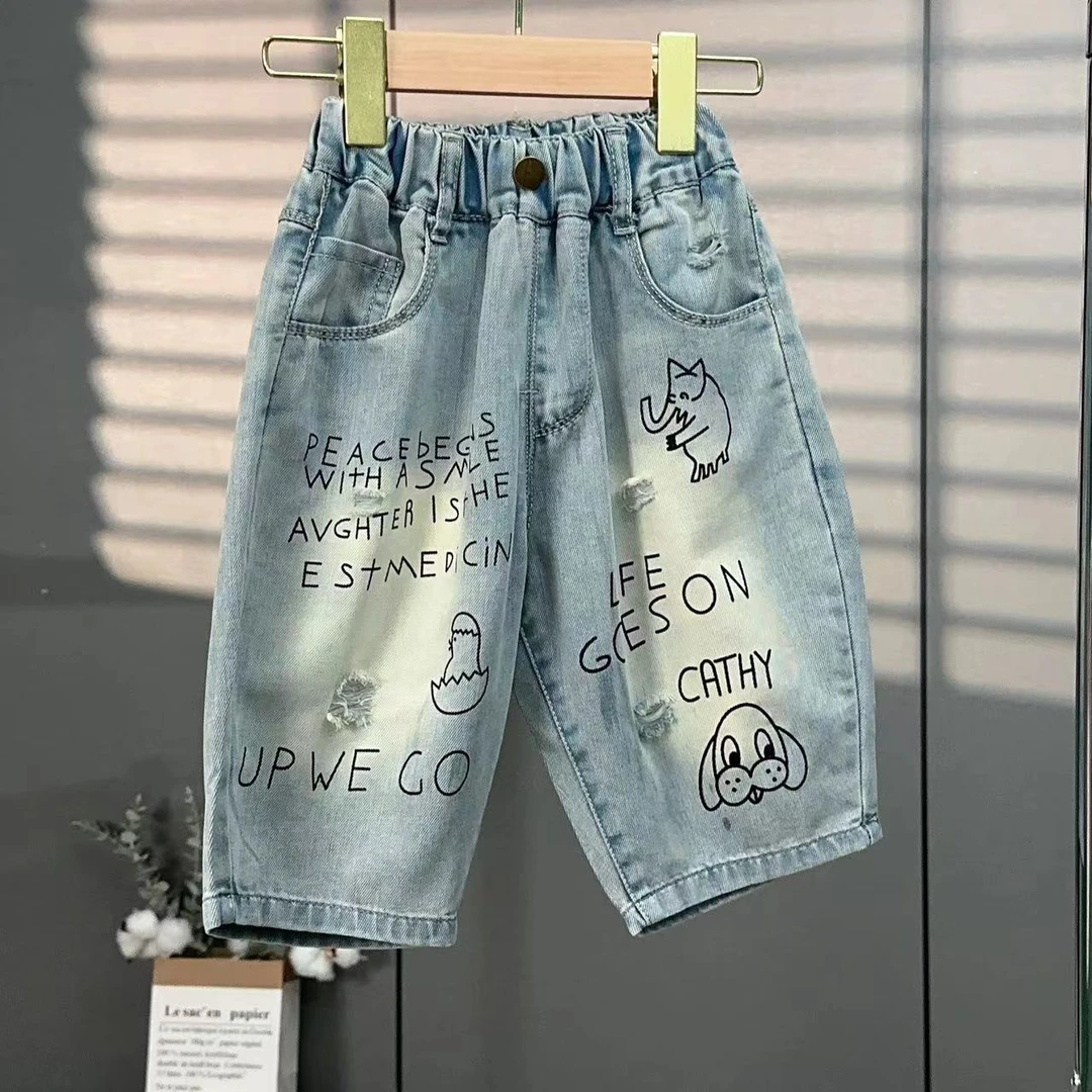 儿童牛仔裤2024夏季新款女童夏装洋气七分裤男孩夏款爆款时髦裤子