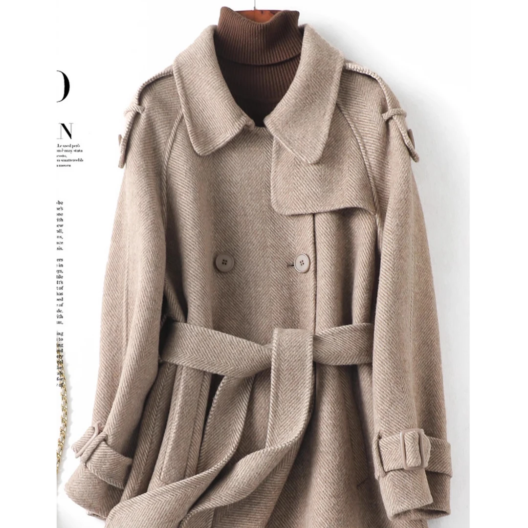 毛呢外套风衣大衣宽松中长款双面呢秋冬冬季气质女士女士外套8562