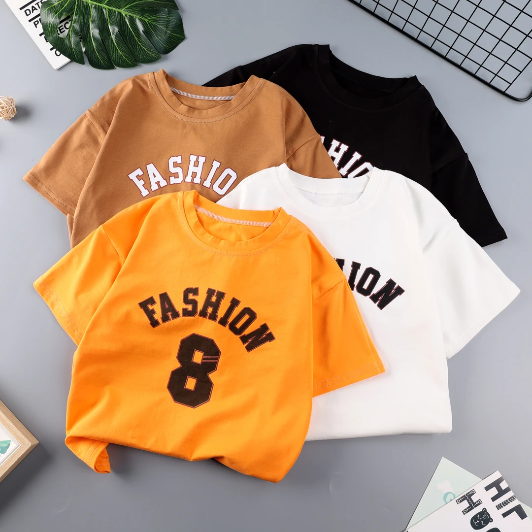 新款儿童纯棉洋气小童印花圆领宽松中大童休闲半袖宝宝