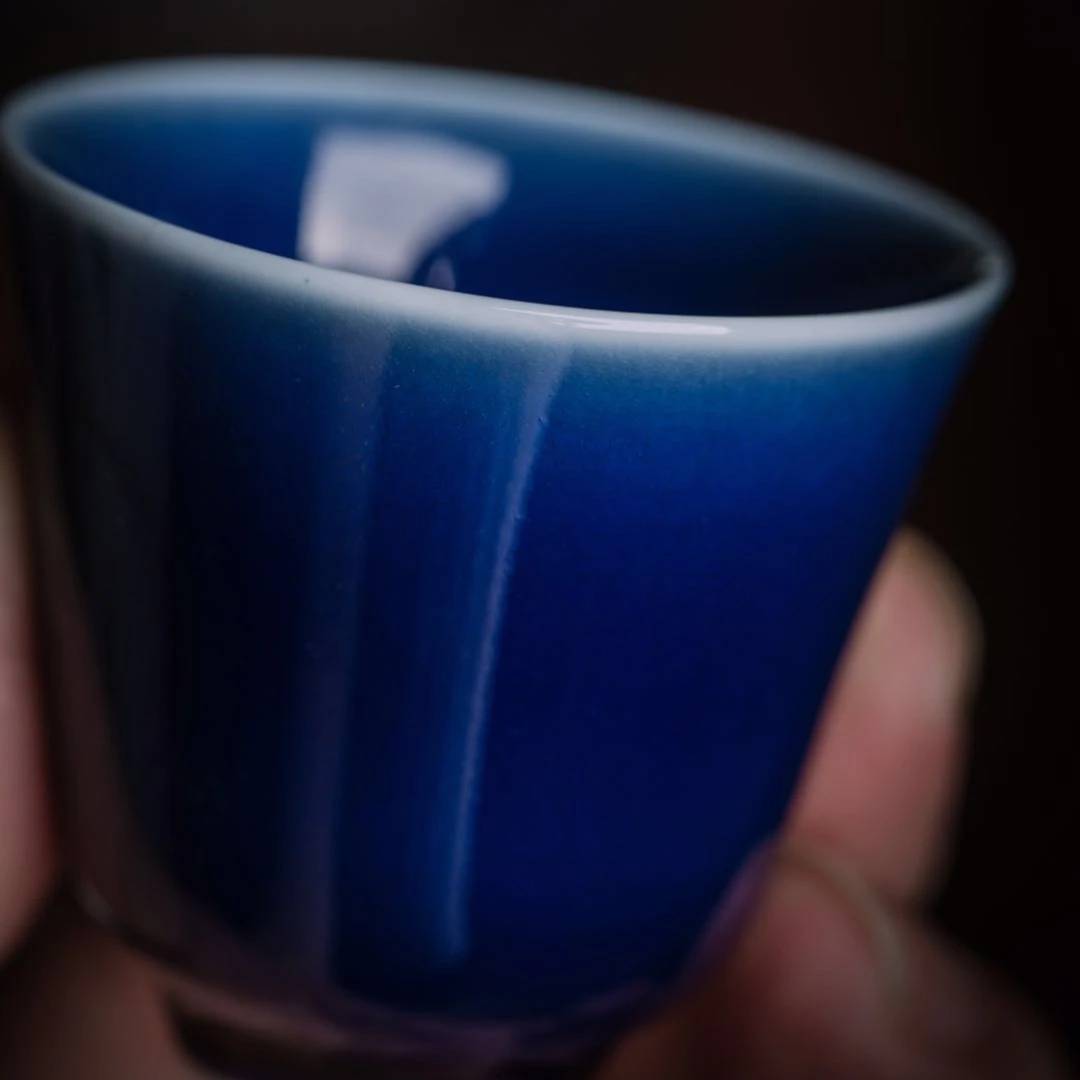 福羲窑福羲窑单色釉沐月杯手工手绘蓝色茶杯柴窑陶瓷蓝釉