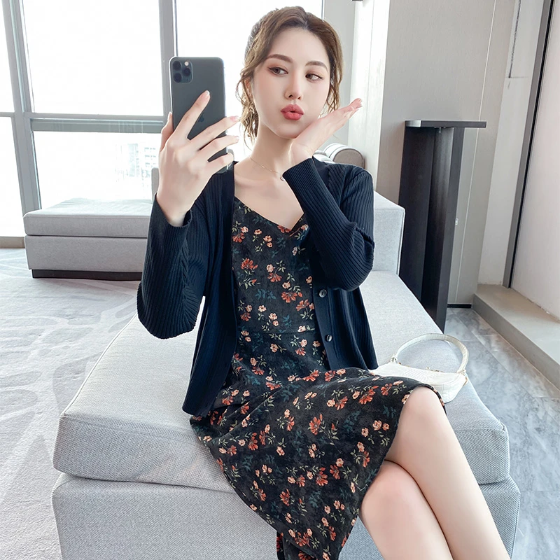 奢姿【暮色生烟】秋季新款大码女装显瘦优雅气质开衫碎花裙子套装