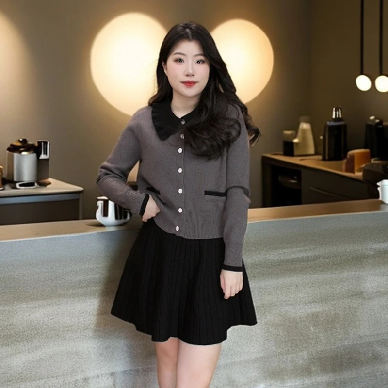 奢姿大码女装2025冬季气质POLO领针织两件套胖妹妹百褶时尚套装