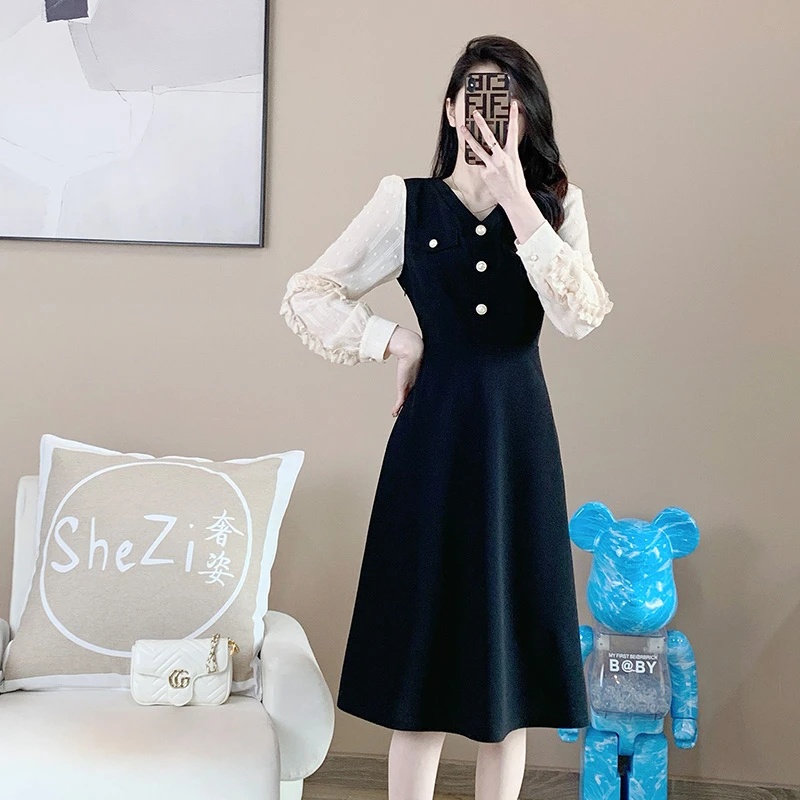 奢姿【麋鹿森林】2025春秋大码女装撞色设计连衣裙胖妹妹V领裙子