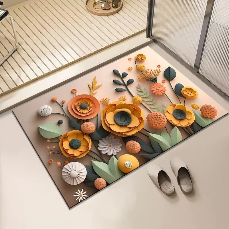 橙色小花硅藻泥防滑吸水地垫脚垫门垫家用玄关卧室简约地毯门垫
