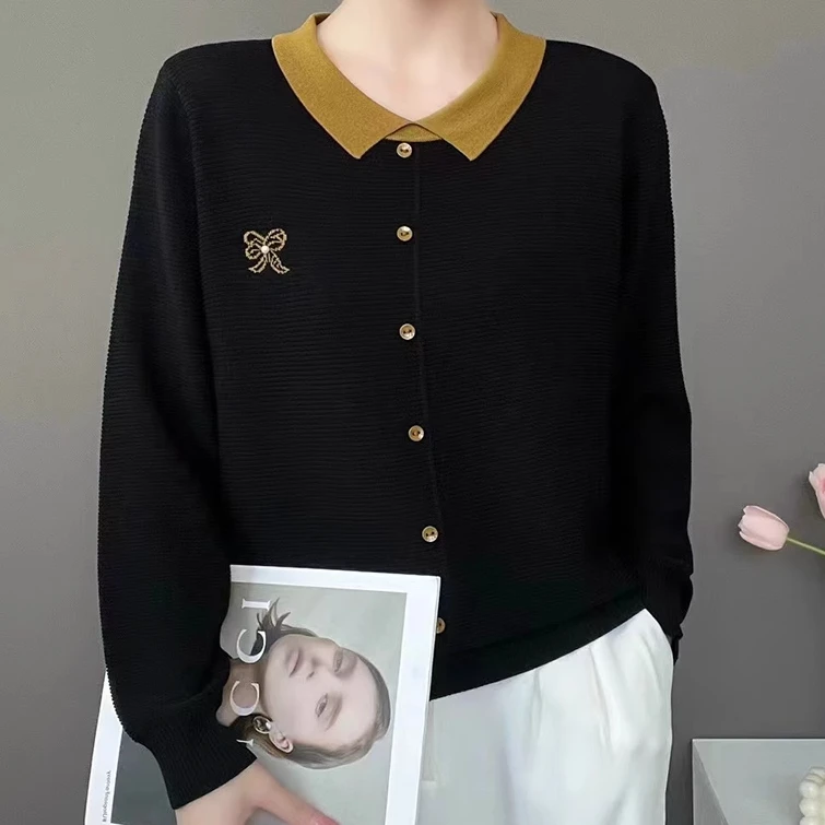 宽松遮肚【80-200斤】Polo领洋气打底针织上衣女装秋冬撞色刺绣毛衣