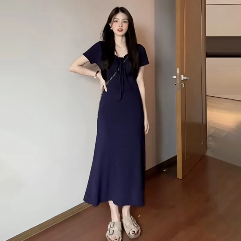 法式复古蓝色短袖连衣裙子女大码新款显瘦包臀气质长裙