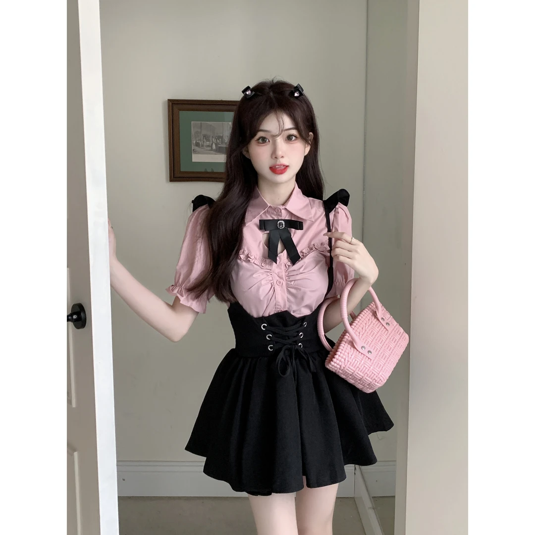 甜美辣妹风微胖妹妹套装泡泡袖花边衬衫+高腰背带蓬蓬裙