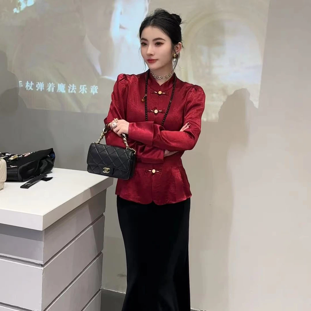 现货【一枝独秀】新中式醋酸修身显瘦盘扣春季新款衬衫