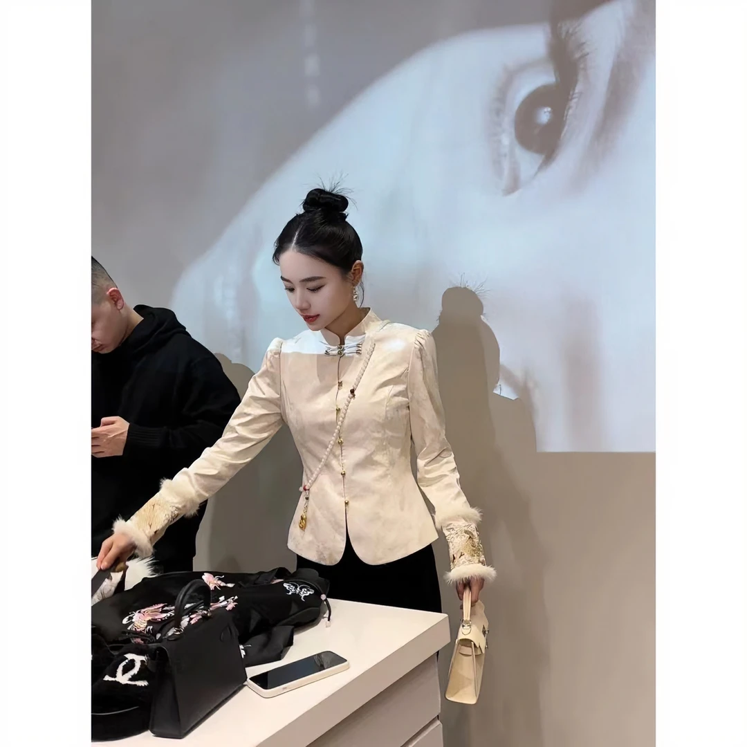 现货 【花样少女】新中式休闲百搭修身显瘦水貂毛加绒国风衬衫上衣