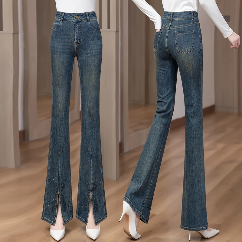 2024年秋季新款高腰开叉修身马蹄裤阔腿微喇显瘦时尚烫钻蝴蝶结