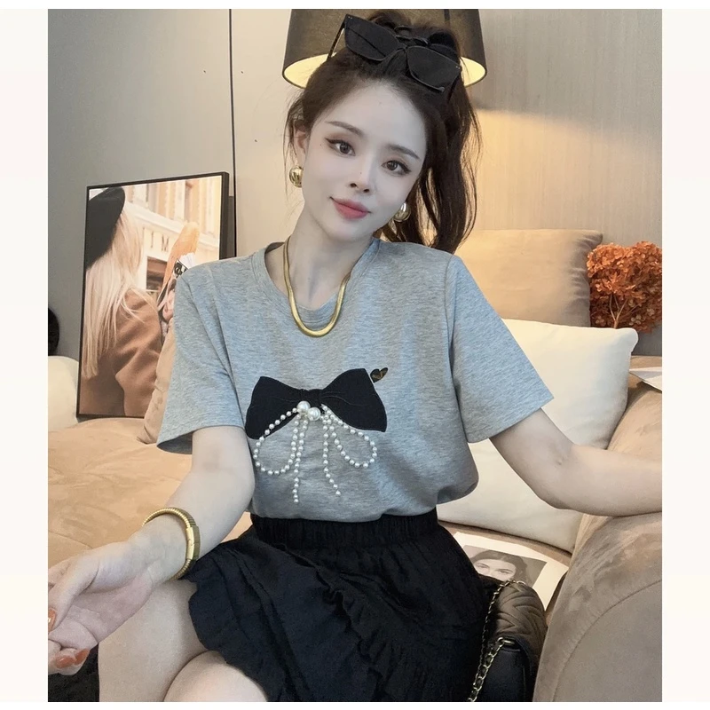 夏季气质重工蝴蝶结珍珠短袖T恤女时尚百搭设计感小众洋气上衣潮