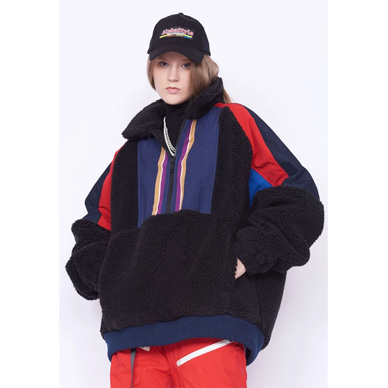 APSL香港潮牌美版宽松仿羊羔绒套头秋冬新款宽松保暖长袖外套拼接