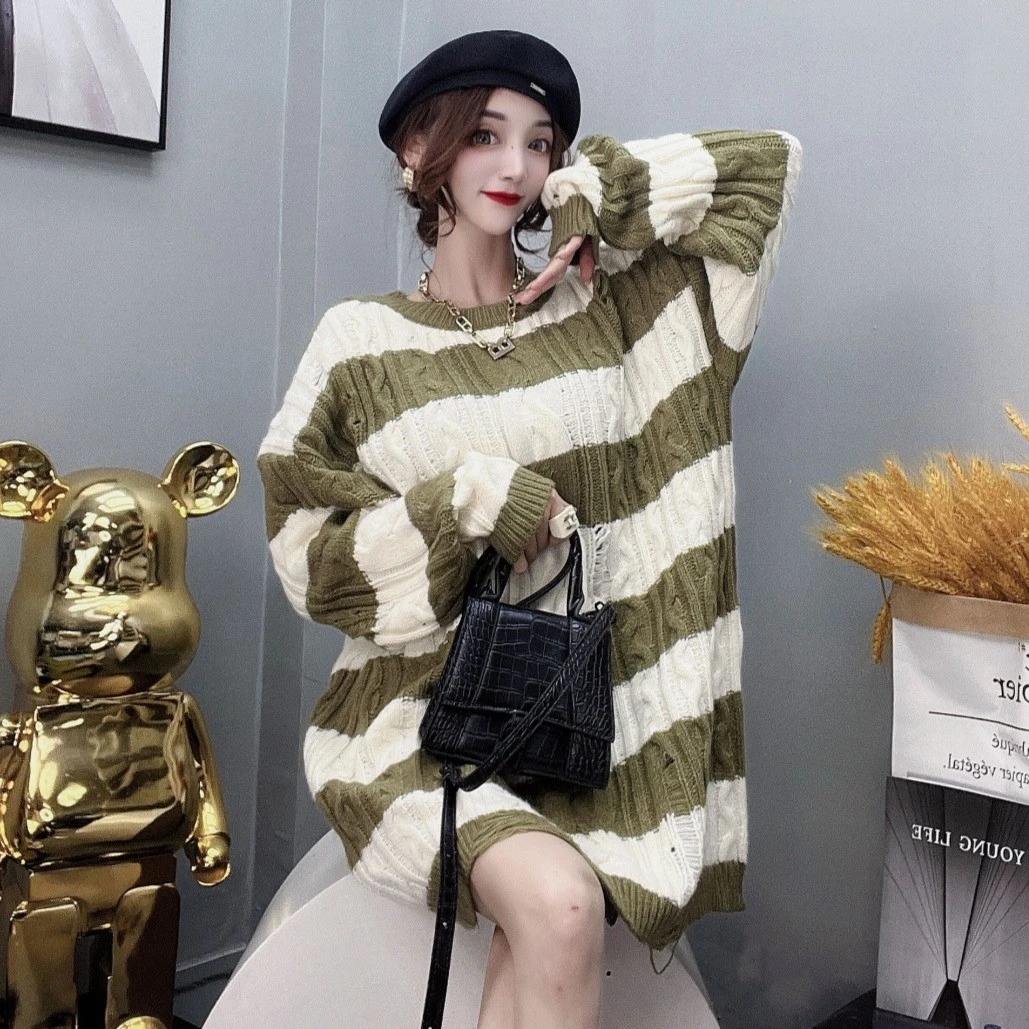 麻花条横宽松街头风小部分镂空长款条纹中长款长袖毛衣网红时尚