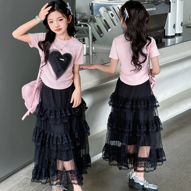 童装女童套装儿童夏季网红中大童女孩韩版短袖T恤时髦百褶网纱裙