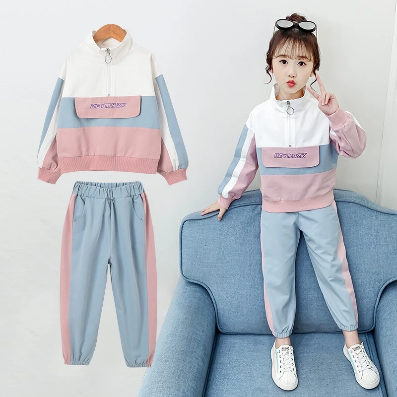 女童装套装儿童纯棉春秋款中童9到10岁女孩衣服薄款立领两件套