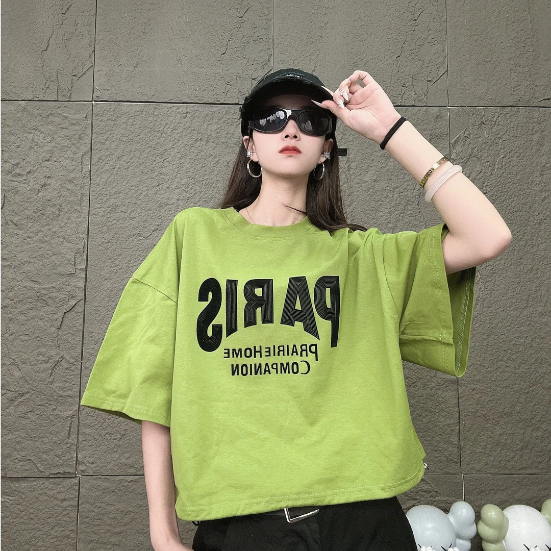 多巴胺夏季新款短袖设计感宽松纯棉百搭款洋气ins短款上衣休闲