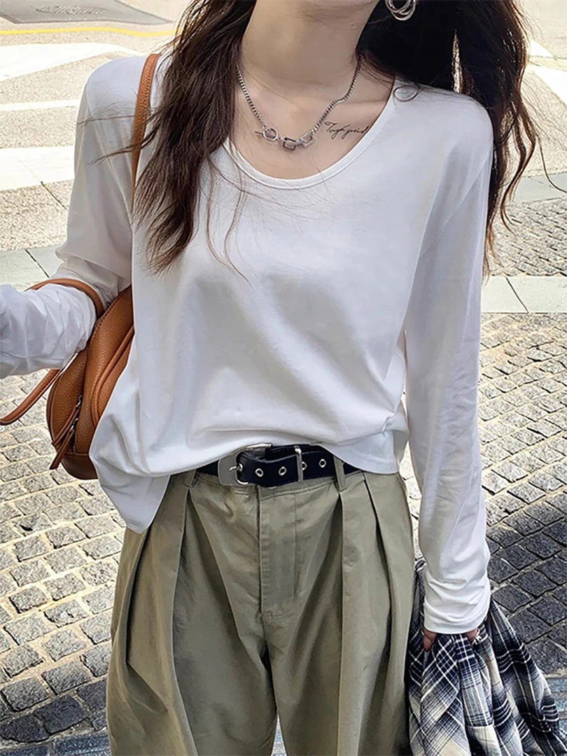 打底衫女U领内搭春秋纯色正肩显瘦高级感百搭休闲洋气长袖T恤上衣