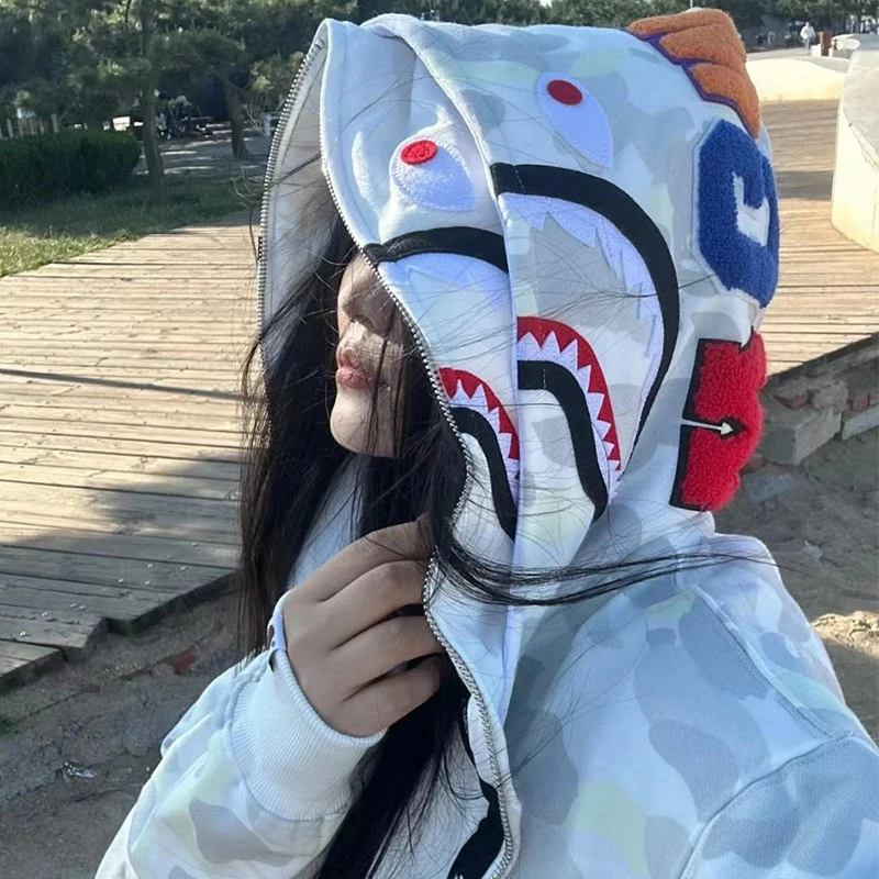 伏音鲨鱼卫衣女美式街头双帽宽松情侣帽衫宽松休闲帽衫外套小众潮