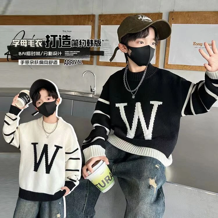 2【外贸清货】男童加厚毛衣秋冬新款字母儿童针织衫休闲帅气打底衫