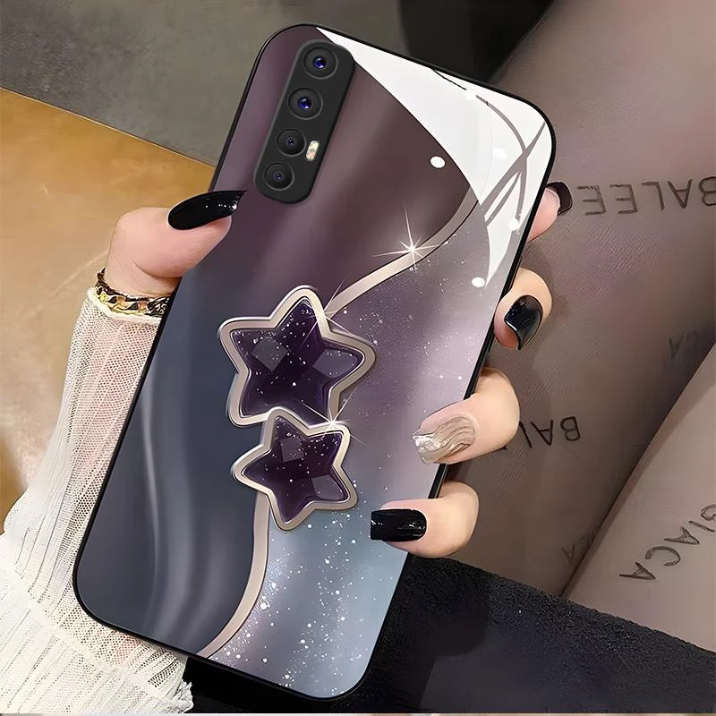 适用OPPOreno3pro手机壳RENO3PRO玻璃流金暗紫女款时尚全包新款保