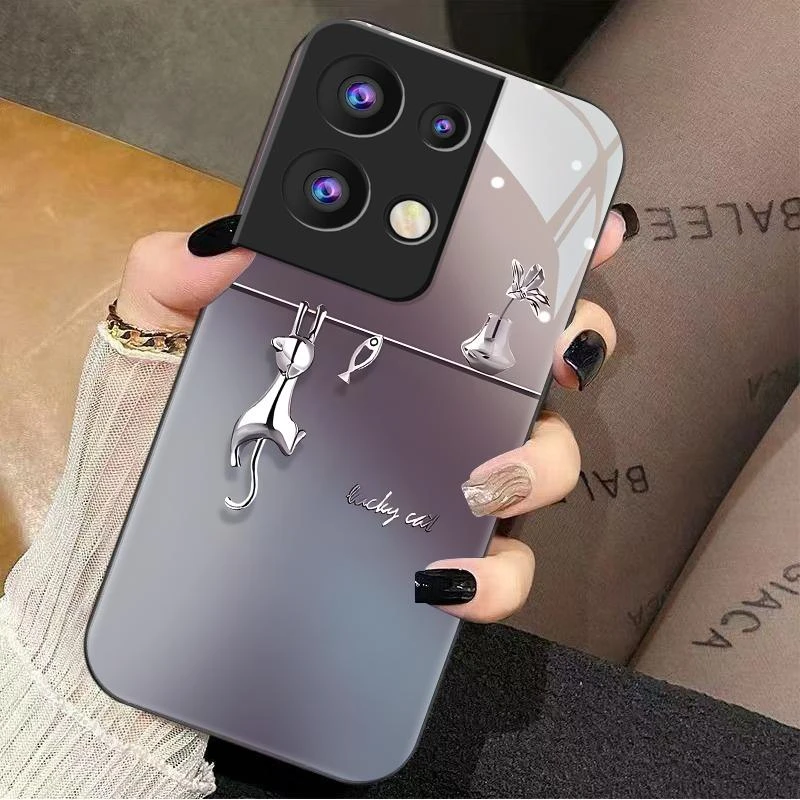 适用OPPOreno8pro手机壳RENO8PRO玻璃暗紫猫鱼女款防摔简约创意全