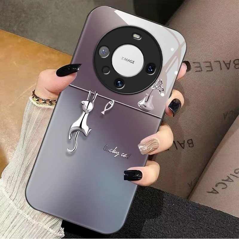 适用华为mate60pro手机壳MATE60PRO玻璃暗紫猫鱼女款防摔简约创意