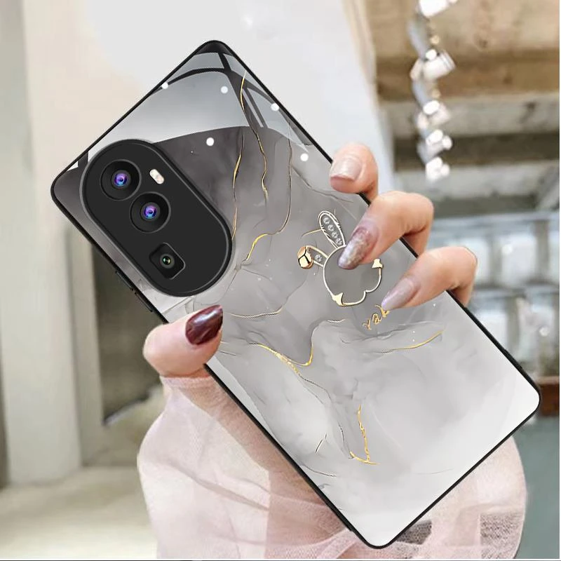 适用opporeno10手机壳OPPORENO10玻璃纹理水墨兔防摔女款格纹个性