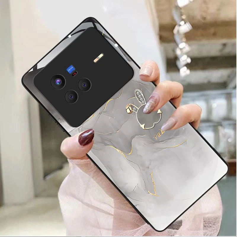 适用vivox80手机壳玻璃vivox80pro纹理水墨兔防摔女款格纹个性保