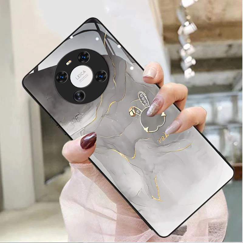 适用华为Mate40pro手机壳MATE40PRO玻璃纹理水墨兔防摔女款格纹个
