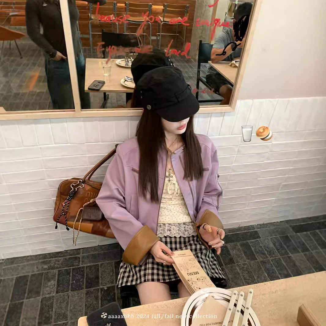 aaaaxbb 希尔维斯画刊 皮拼接棕紫两色初秋外套短款宽松长袖上衣