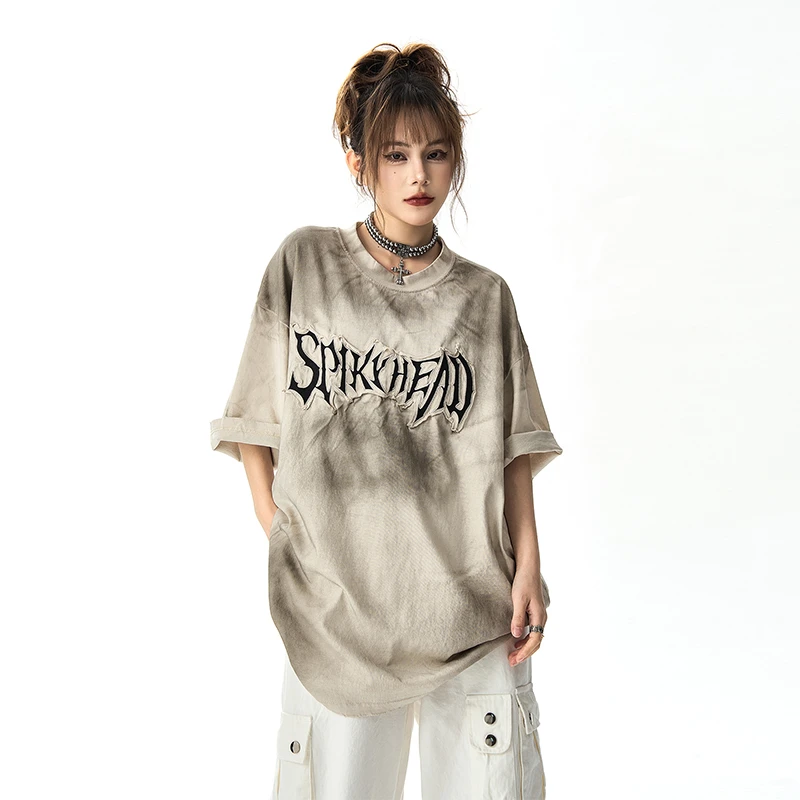 达蒙岛美式小众水洗做旧刺绣短袖男女宽松复古显瘦ins新款T恤夏