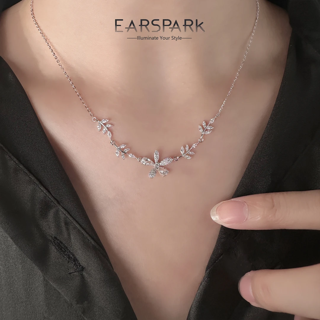 坠链均925银合成锆石 S925纯银项链女花朵微镶锆石锁骨链七夕礼物