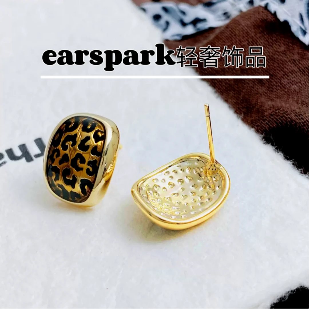 铜合金耳饰 美拉德色系S925银针耳钉豹纹款式复古法式气质轻奢