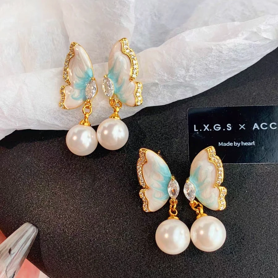 铜合金珐琅耳饰 蝴蝶翅膀对称百搭耳钉时尚轻奢气质优雅简约法式