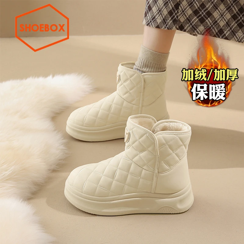 SH0EBOX鞋柜雪地靴女冬季加绒东北棉鞋白色皮面防水防滑面包鞋