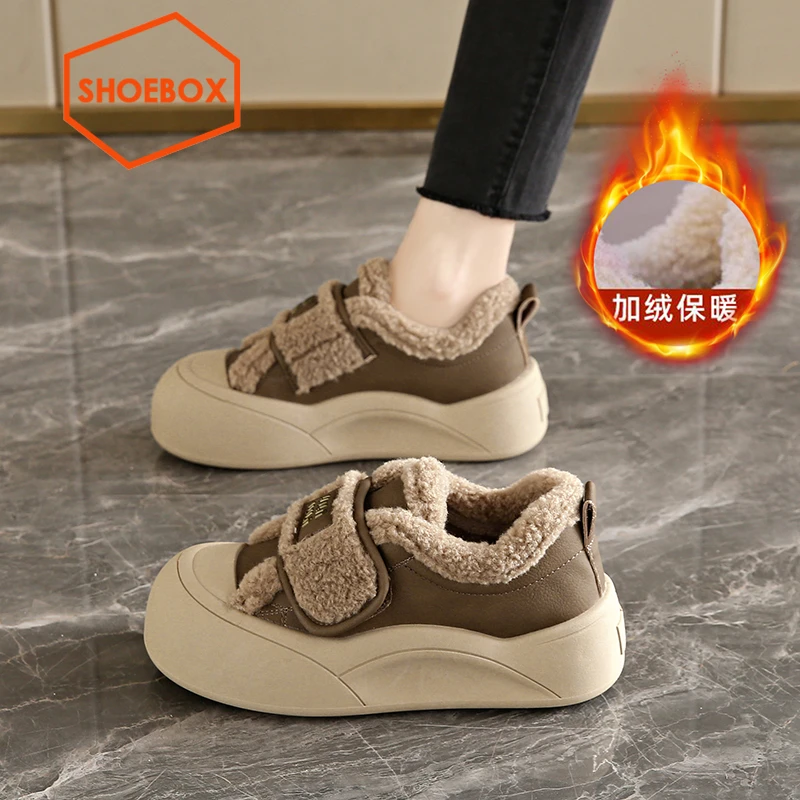 SH0EBOX鞋柜棉鞋女款冬季爆款魔术贴毛毛休闲鞋厚底复古面包鞋