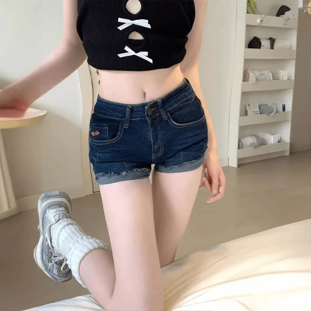 2024牛仔显瘦性感弹力蓝色包臀低腰丰胯卷边时尚阔腿女百搭休闲