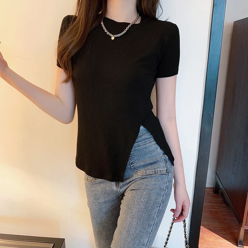 百搭短袖短款女2024新款爆款上衣女显瘦黑色夏季侧不规则紧身小众